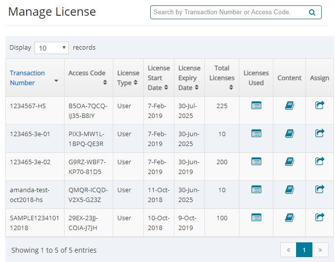 After selecting "License", you'll see a list of all POs that have been assigned to your school. You'll also see start date, end date, quantities, content, and licenses used/available.