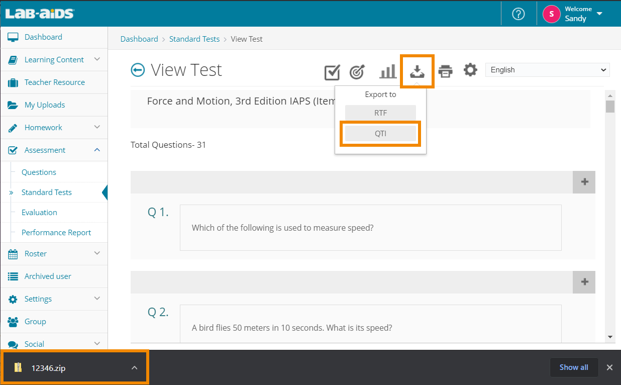 Click the downward-facing arrow to export, and then select "QTI" format.