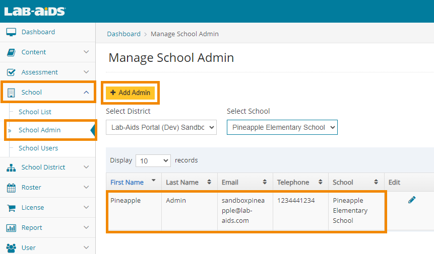 Add school admins if they don't exist at School > School Admin > Add Admin