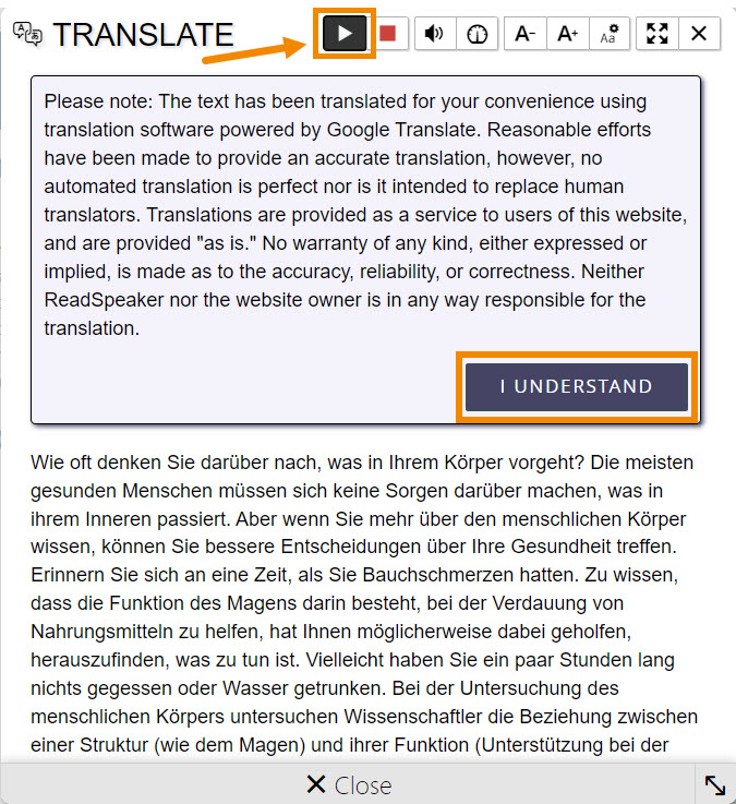 The popup screen that appears after clicking "translate". The "I understand" button under the disclaimer is outlined, the German translated text is displayed, and the "play" icon at the top is outlined.