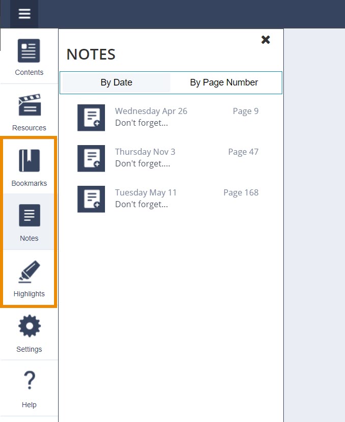 An ePub/Portal 1.0 book is open. The left-hand menu is displayed and the icons for "Bookmarks", "Notes", and "Highlights" are outlined.
