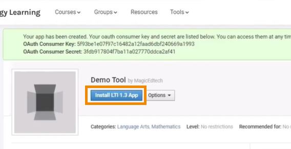 A screenshot of the Schoology screen after creation of Demo App/Tool with "Install LTI 1.3 App" outlined in orange.