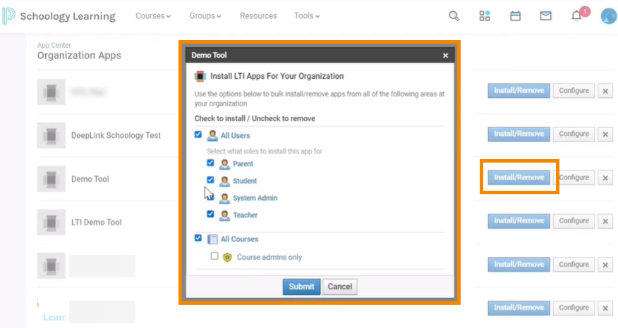 A screenshot of the tool's installation screen outlined in orange with checkboxes available and selected for "All Users" and "All Courses".