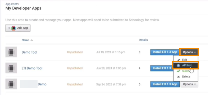 A screenshot of the new tool's "Options" dropdown menu with "API Info" outlined in orange. 