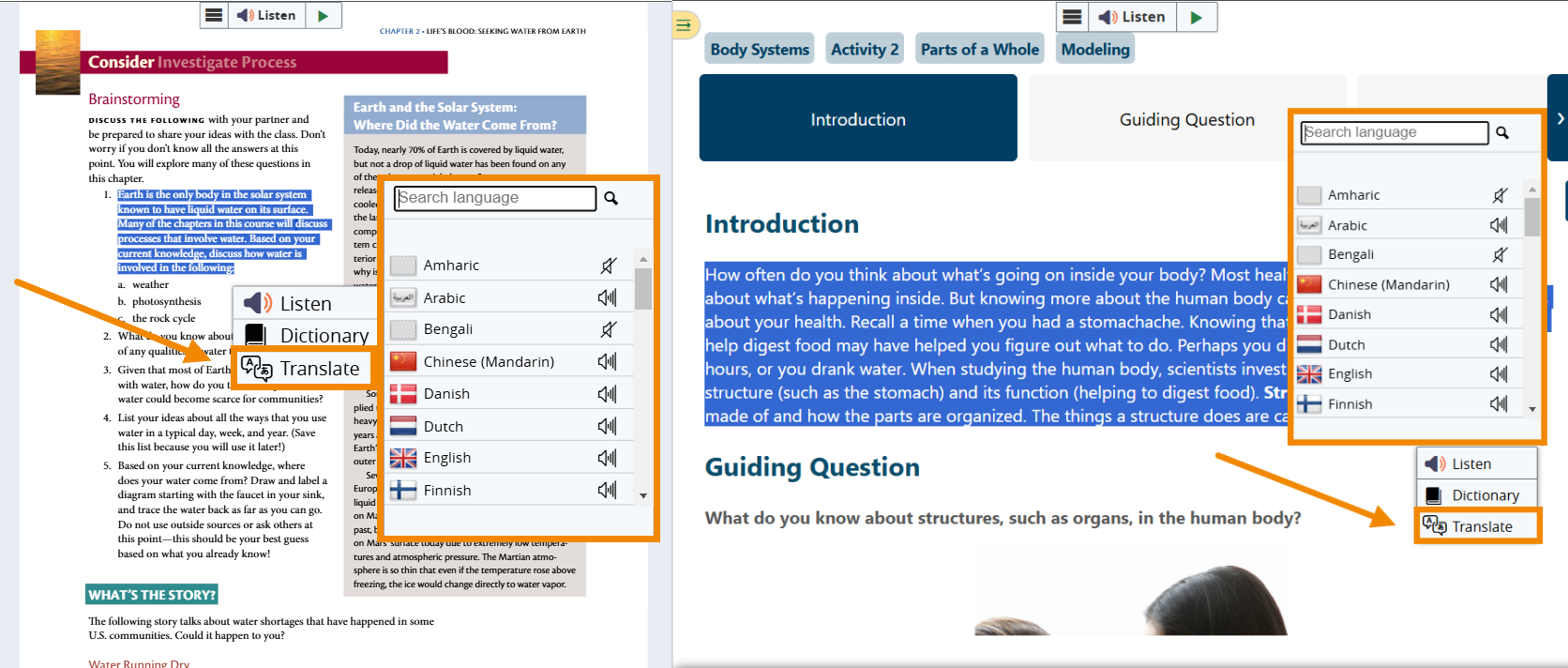 Side-by-side screenshots for both ePubs and Portal 2.0. A paragraph of text is highlighted on each, with the corresponding ReadSpeaker popup menu displaying. The "Translate" option and the popup list of languages are outlined in orange.