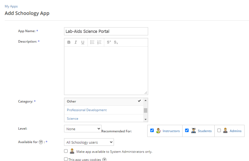 A screenshot of the Add Schoology App screen: App Name is "Lab-Aids Science Portal", Recommended for: Instructors and Students, Available for All Schoology Users.