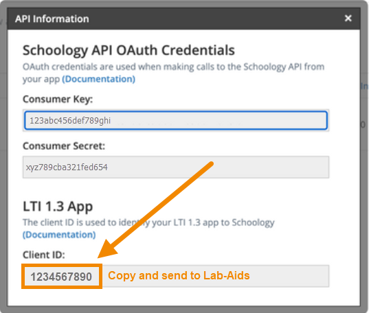 A screenshot of the API Info screen from Schoology. The Client ID 1234567890 is outlined in orange with accompanying instructional text "Copy and send to Lab-Aids".