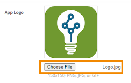 A screenshot of the App Logo section with "Choose File" outlined in orange and the Lab-Aids logo displaying (green square with white light bulb)