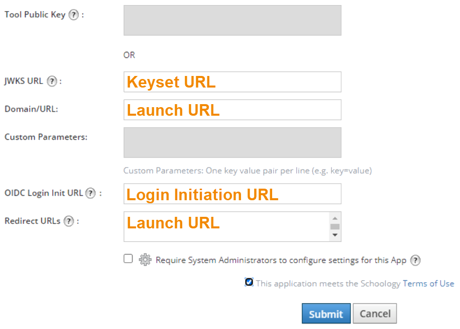 A screenshot of the Schoology screen where admin will need to enter the information as explained above. 