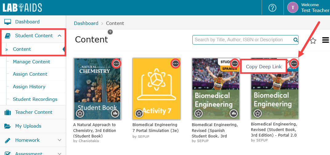 A screenshot of the teacher's Student Content >> Content library with those two menus outlined in red. Each book in the library has its circular icon in the top right corner outlined in red, and the appearing "Copy Deep Link" popup is also outlined in red. 