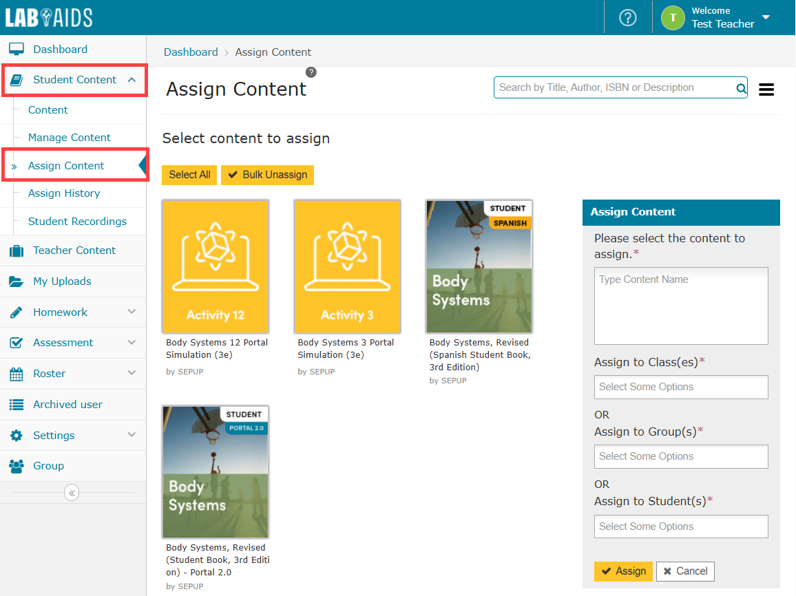 A screenshot of the teacher's "Student Content" >> "Assign Content" screen with those two menus outlined in red. 