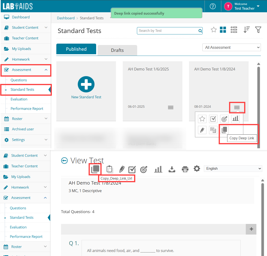 A screenshot of the "Copy Deep Link URL" icons outlined in red in the two locations described above.