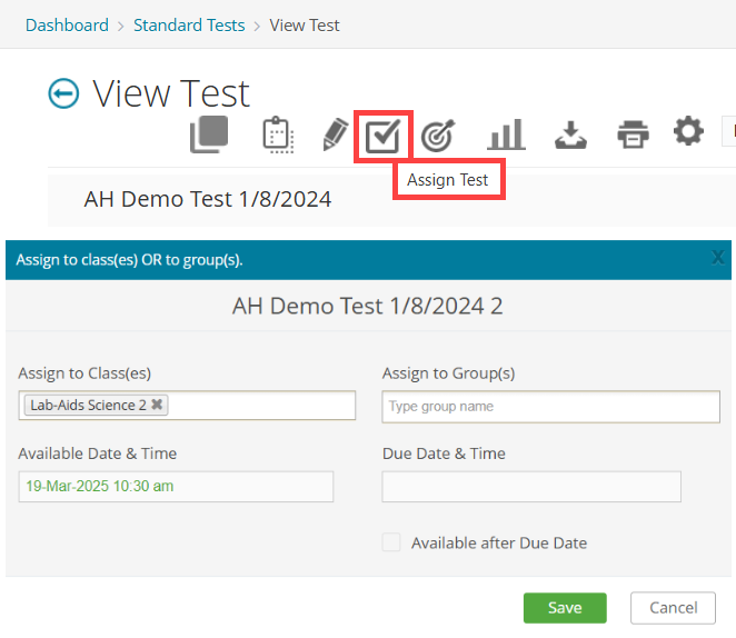 A screenshot of the teacher's assessment screen with the checkbox for "Assign Test" icon outlined in red. 
