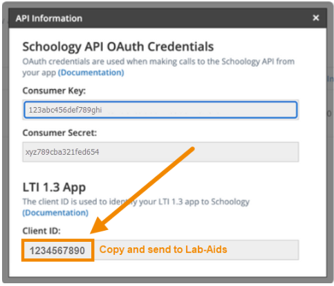 A screenshot of the API Info screen from Schoology. The Client ID 1234567890 is outlined in orange with accompanying instructional text "Copy and send to Lab-Aids".
