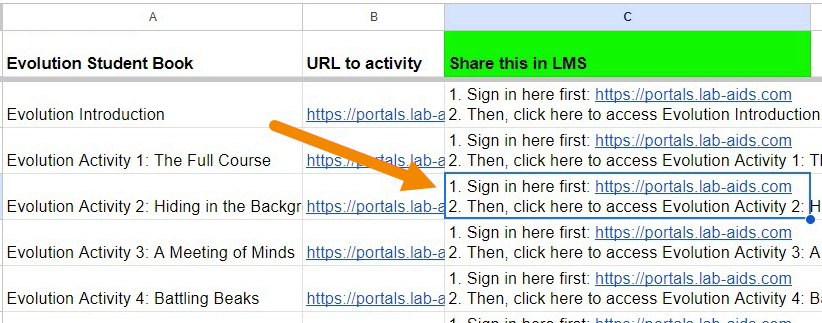 A screenshot of the activity link spreadsheet that will be sent to districts. An outline is around a cell with text "1. Sign in here first: https://portals.lab-aids.com 2. Then, click here to access Evolution Activity 2: that indicates a clickable URL is to follow. 