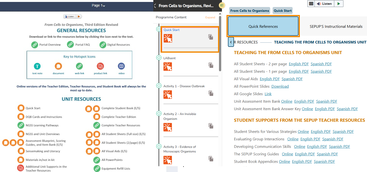A screenshot showing side-by-side Downloadable Resources pages for Portal 1.0 and Portal 2.0 books. Outlines are around Portal 1.0's "Page 1" and Portal 2.0's "Quick Start" and "Quick References" options. 