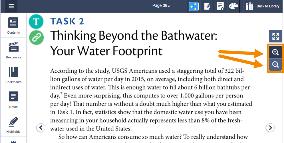 A screenshot of a Portal 1.0/epub book. Two orange arrows are pointing to the zoom in/out icons, which are outlined in orange.