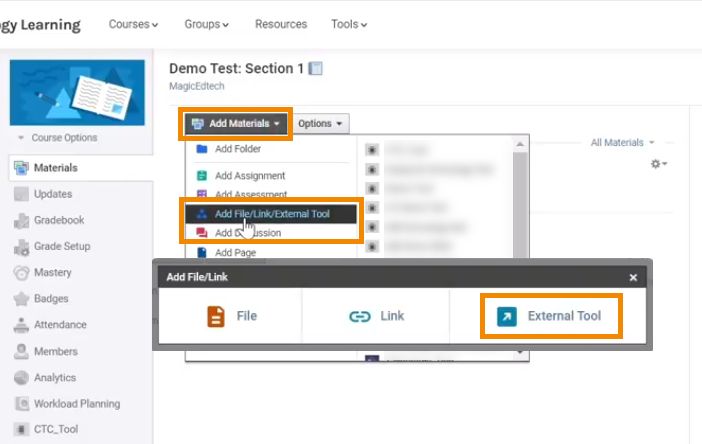 A screenshot of a teacher's course in Schoology. Instructional steps for "Add Materials >> Add File/Link/External Tool >> External Tool" are all outlined in orange. 