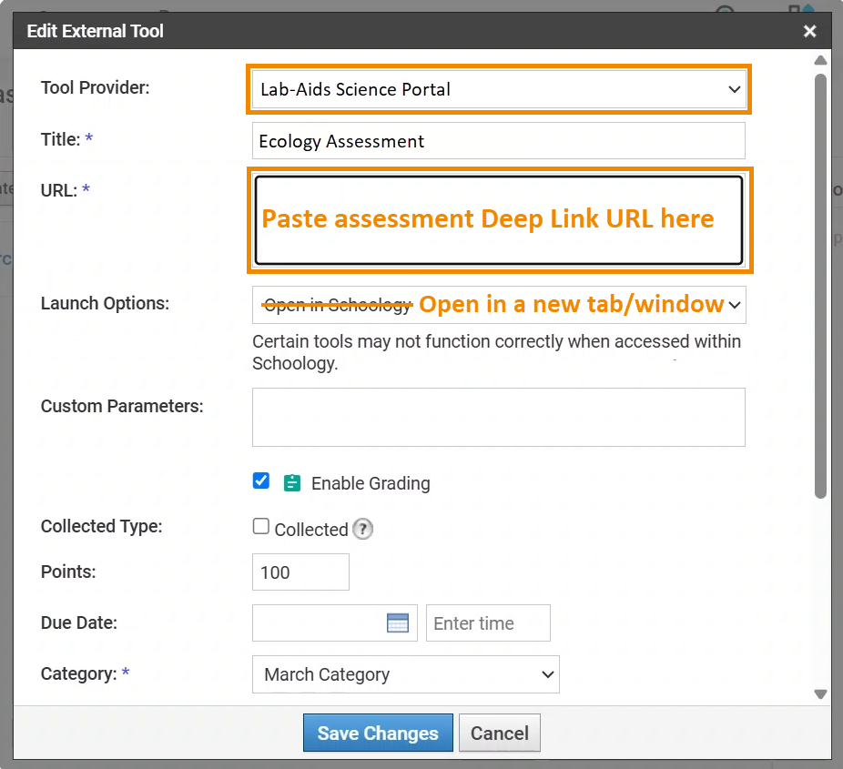 A screenshot of the external tool settings explained above. The selected Tool Provider is "Lab-Aids Science Portal" and an outline is around the "URL" text box with text "Paste assessment Deep Link URL here". The "Enable Grading" checkbox is selected. 