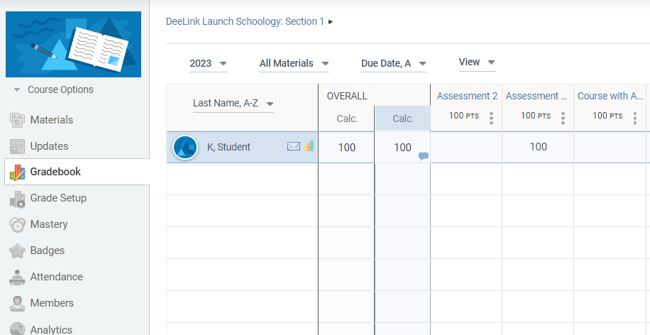 A screenshot of a teacher's gradebook in Schoology showing one student with a grade of 100 for "Overall" and test name "Assessment" worth 100 points. 