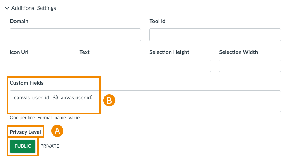 A screenshot of the Additional Settings screen with Privacy Level: Public and Custom Fields text outlined in orange.