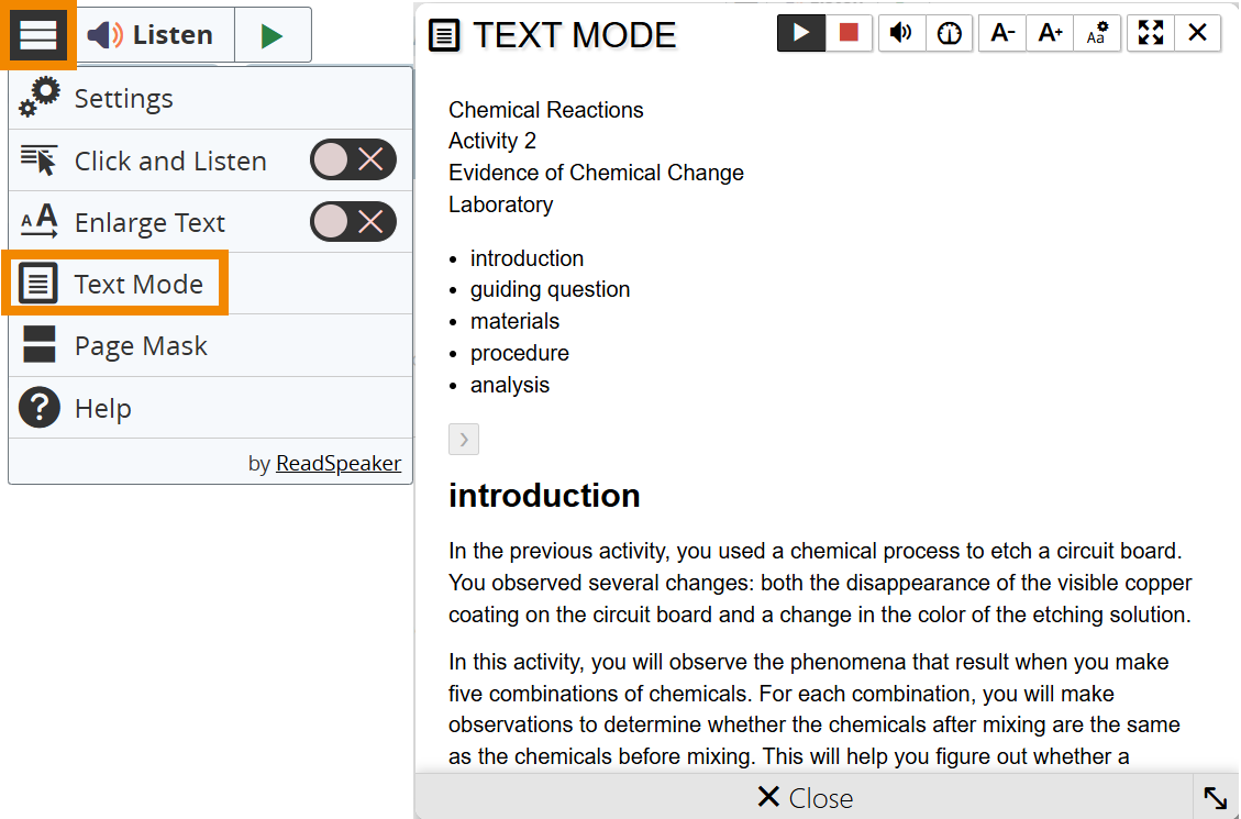 Screenshot of the ReadSpeaker menu with "Text Mode" option outlined in orange and the Text Mode screen open to the right of the menu.