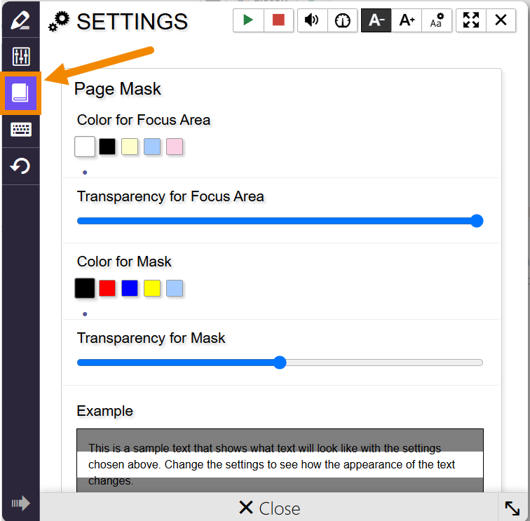 A screenshot of the Page Mask Settings with an orange square around the third icon on the left Settings menu. Settings display for the color and transparency of the focus area and mask. 