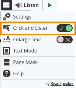 The ReadSpeaker menu is selected and an orange rectangle is around the "Click and Listen" option. The on/off toggle is on with a green checkmark displaying. 