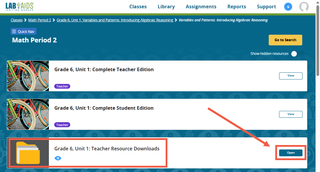 The card for "Grade 6, Unit 1: Teacher Resource Downloads" is outlined in red and has a yellow folder icon. The word "Open" to the right is also outlined in red. 
