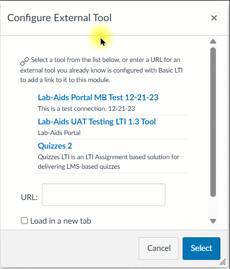 A gif showing the available external tools to choose from. The cursor clicks on the "Lab-Aids Portal" external tool and then replaces the default URL with the copied deep link URL. 