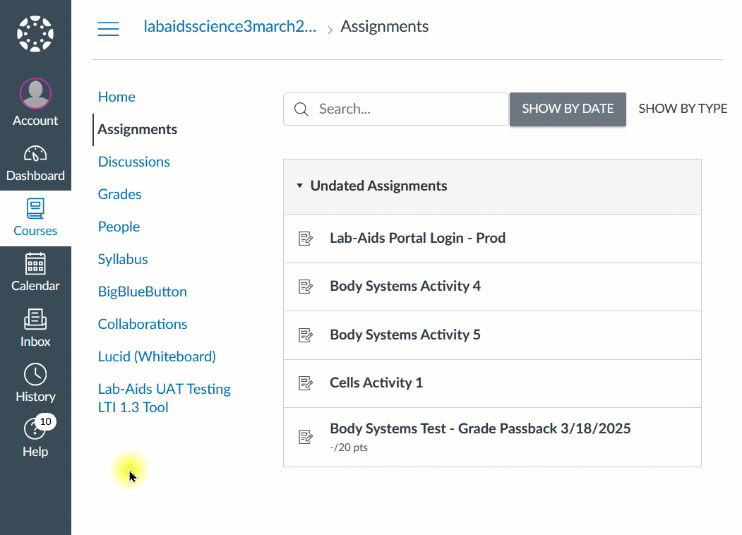 A gif showing the student clicking on "Body Systems Test" assignment and then clicking the button to open it in a new window. The assessment then appears and student clicks "Start Assessment". 