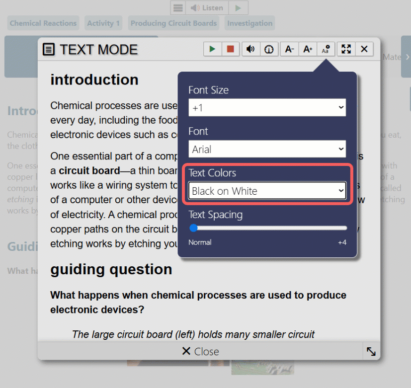 A gif showing ReadSpeaker Text Mode with a cursor selecting different text color options including Black on White, Black on Light Blue, Black on Light Pink, Red on LIght Yellow, Red on White, Yellow on Black, etc. 