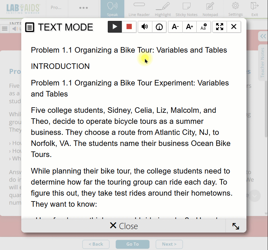 A gif showing the user clicking on the "Reading Speed" icon at the top, and then adjusting the reading speed up and down. 