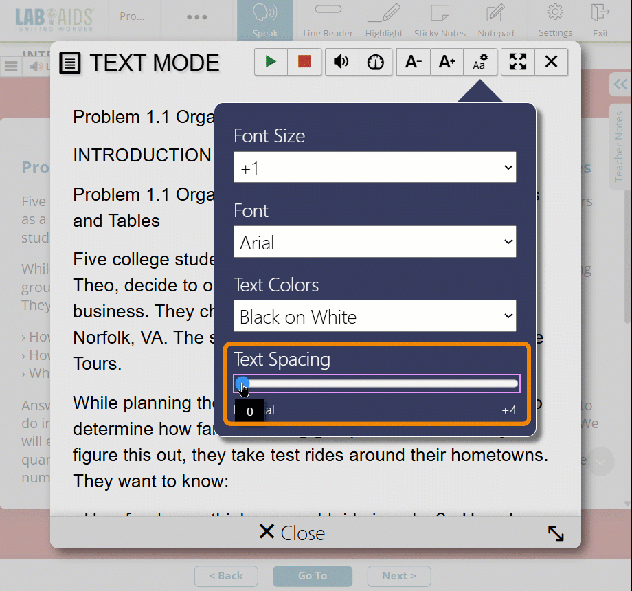 A gif of the Aa* "Text Settings" icon open with "Text Spacing" outlined in orange. User is slowly moving the toggle to increase text spacing while the font/text displays the increased spacing accordingly.