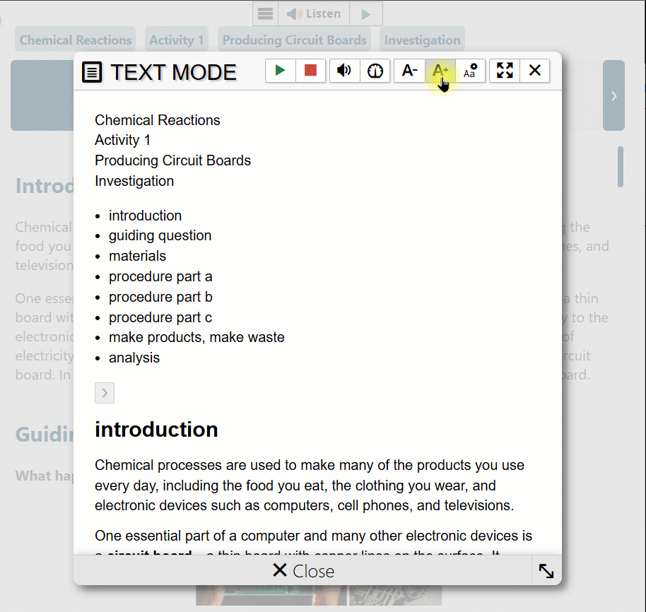 A gif showing ReadSpeaker Text Mode with a cursor clicking on the A- and A+ icons, and the text is decreasing and increasing in size.