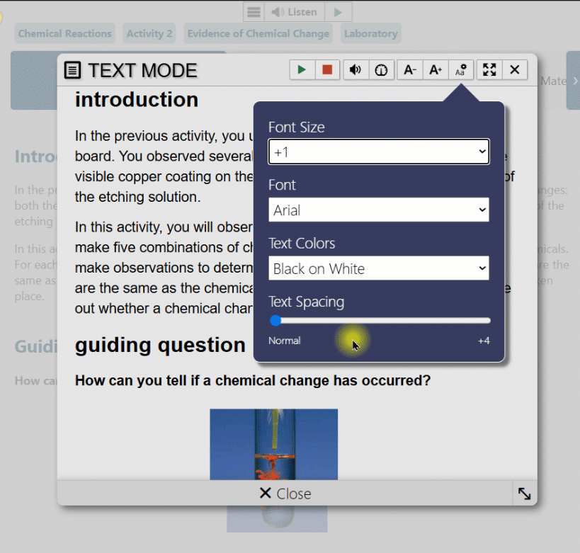 A gif showing ReadSpeaker Text Mode. The text spacing is increasing incrementally as a cursor drags the text spacing options from Normal to +4. 
