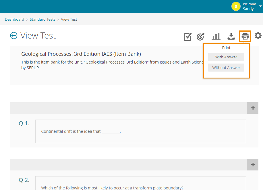 Click the print icon to print the test. 