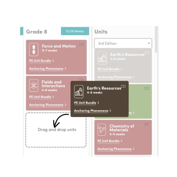 Curriculum Builder a graphic showing how to drag and move units within the tool